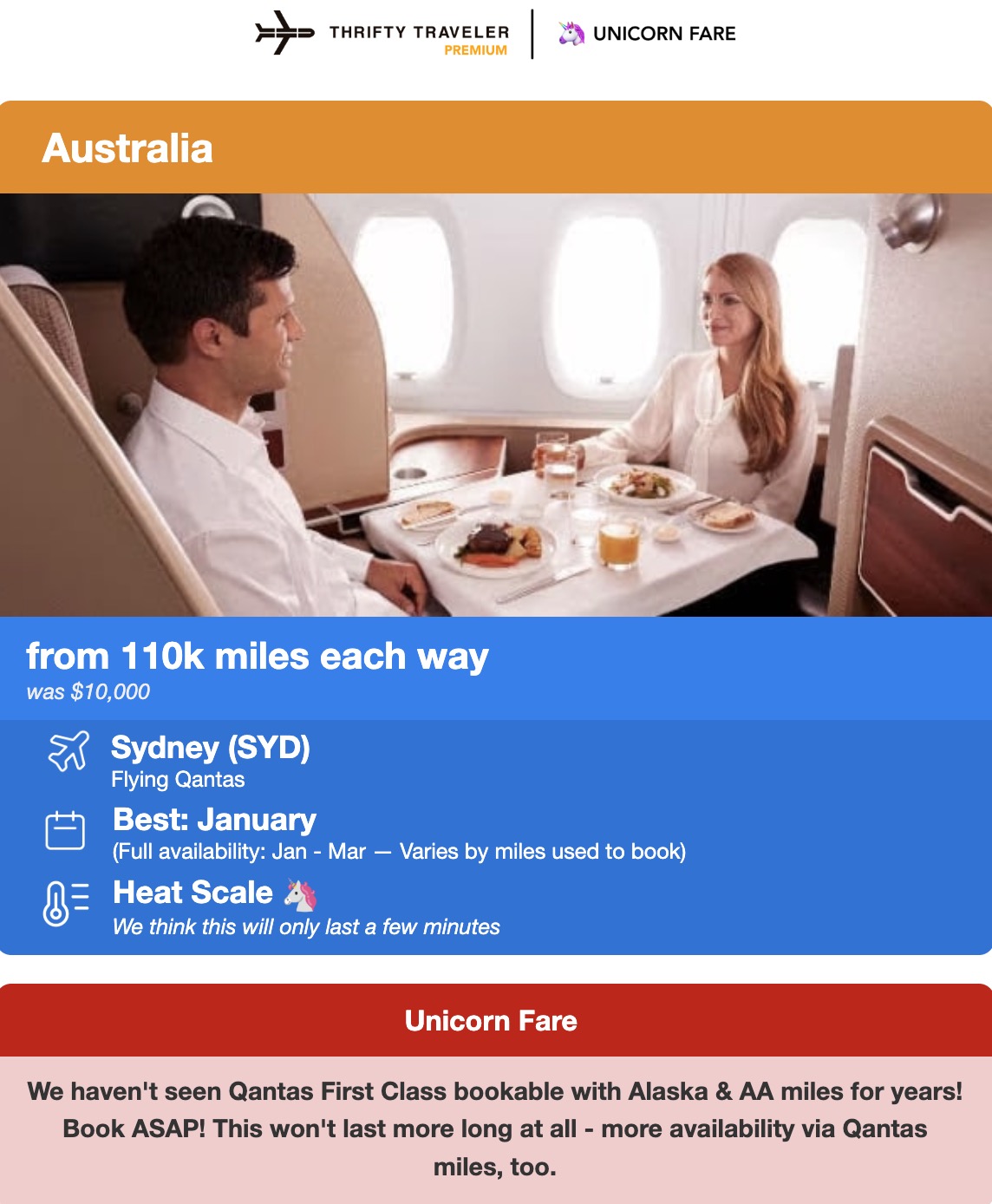 First Class seat to Sydney Australia from 110,000 miles each way